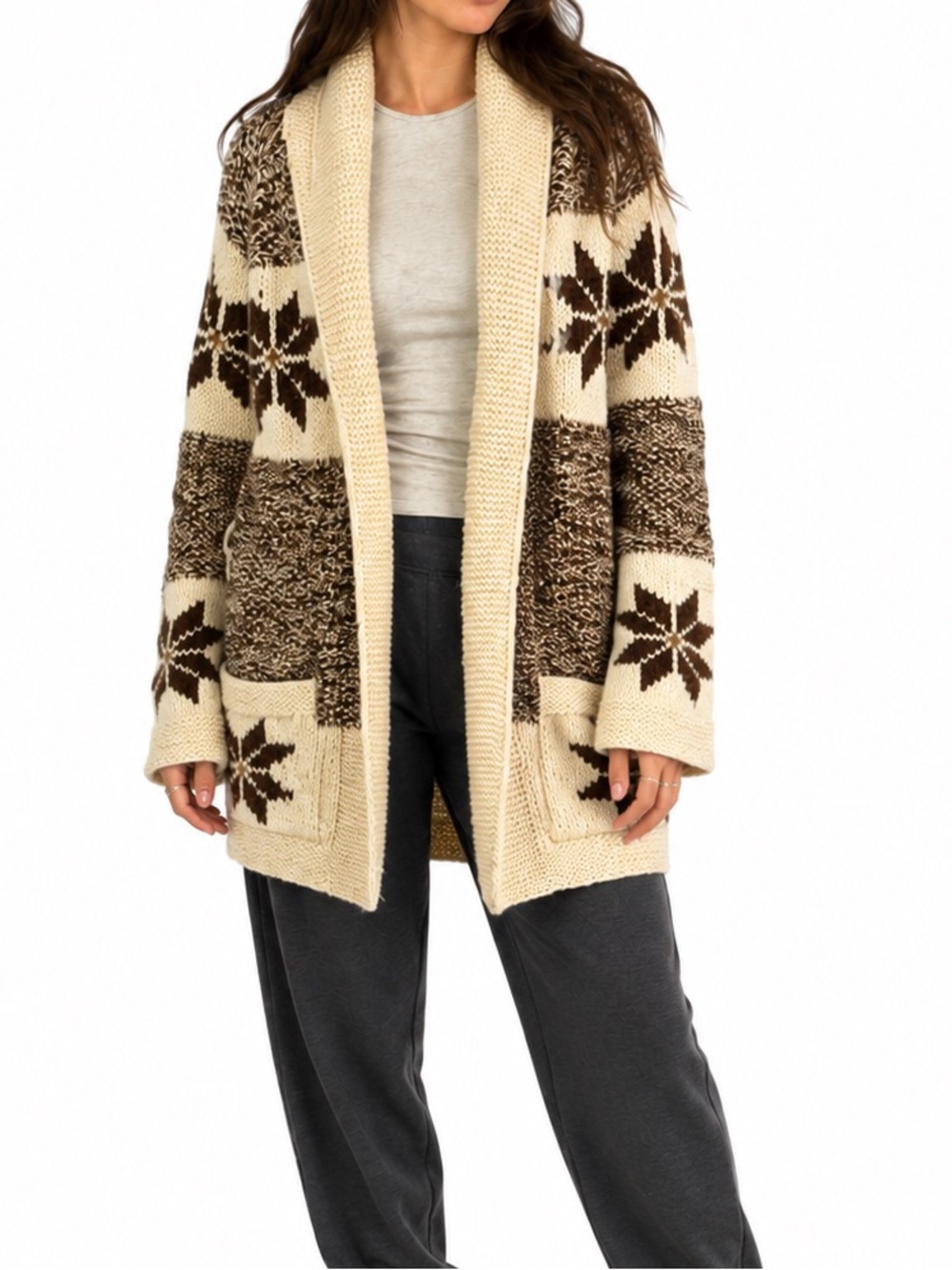Vintage Susan Van Heusen Chunky Knit Shawl Cardigan Sweater Cowichan Style